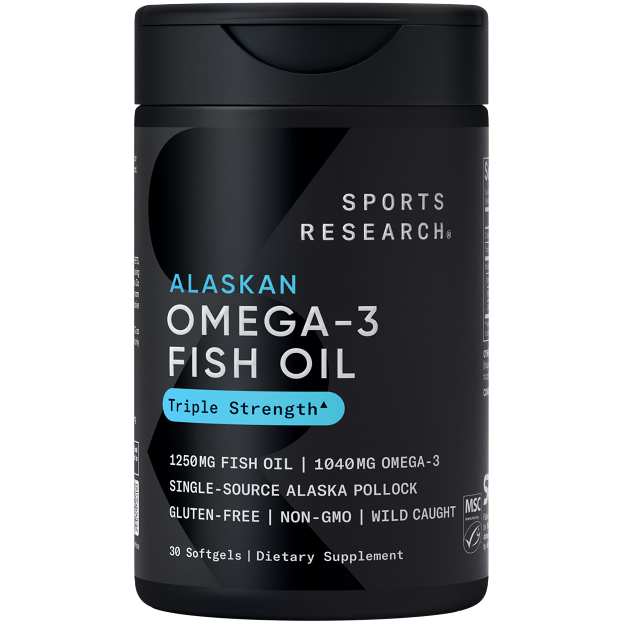 Sports Research Triple Strength Omega 3 Fish Oil - Burpless Fish Oil Supplement w/EPA & DHA Fatty Acids from Wild Alaskan Pollock - Heart, Brain & Immune Support for Men & Women - 1250 mg, 30 ct