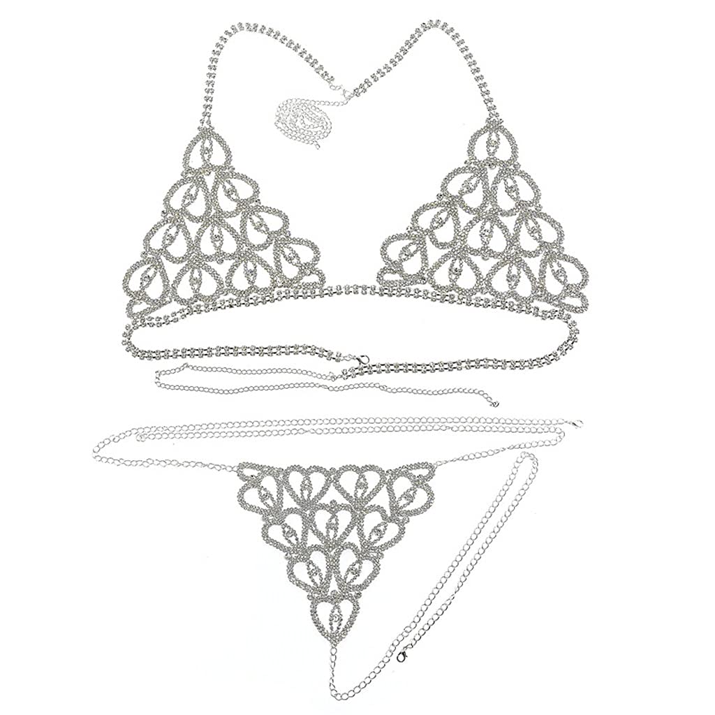 RWRAPS Bikini-Körperkettengeschirr für Damen, modische Dessous-Kette, Strass-BH und Tanga-Set, Schmuck (Farbe: Silber)