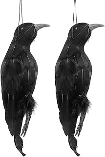 DRYEN 2 Pack Realistic Hanging Dead Crows Decoy, 32cm Fake Crow Lifesize Extra Large Handmade Black Feathered Crow, Crow Deterrent, Get Rid Of Crows, 2pcs (32cm)