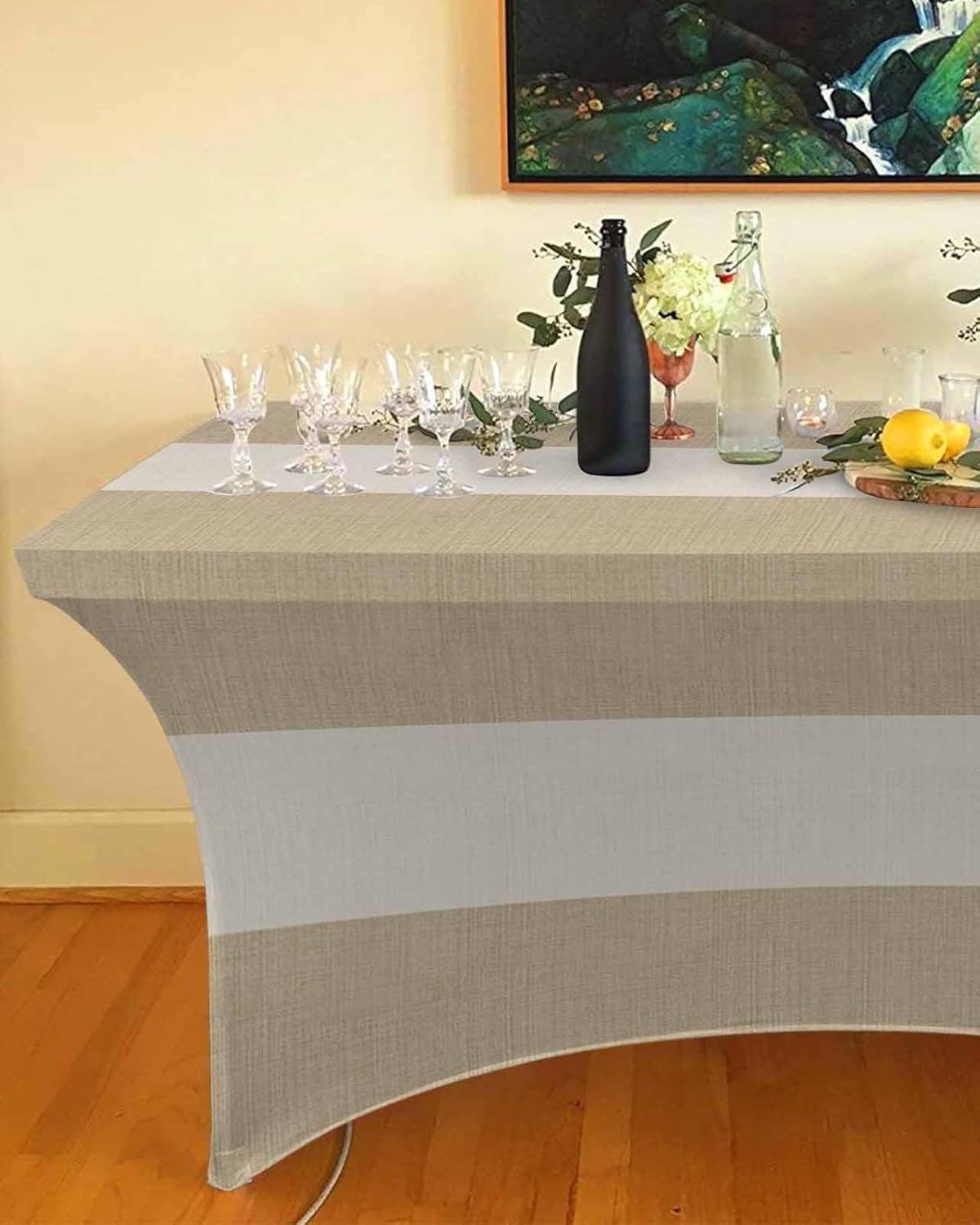 Spandex Table Cloth for 6FT, Country Retro Vintage Linen Texture Fitted Table Cover Wrinkle Resistant Rectangular Stretch Table Cloths for Event, Wedding, Banquet, Parties