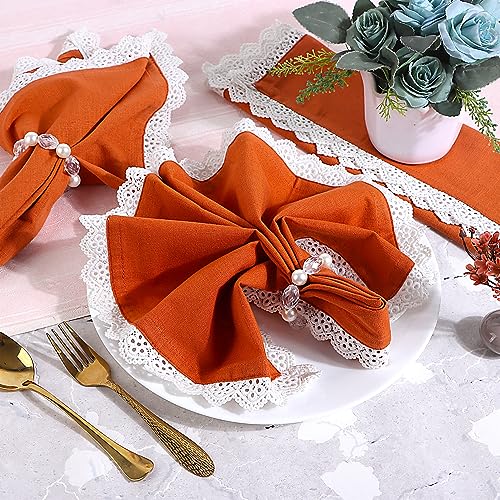 Image of FINGERCRAFT Cloth Napkins, Cotton Table Napkins with White Lace Edge, Reusable Washable Dinner Napkins for Wedding, Festive Dining, Parties & Home Decor (6, Rust Premium Lace, 20 inchx20 inch)