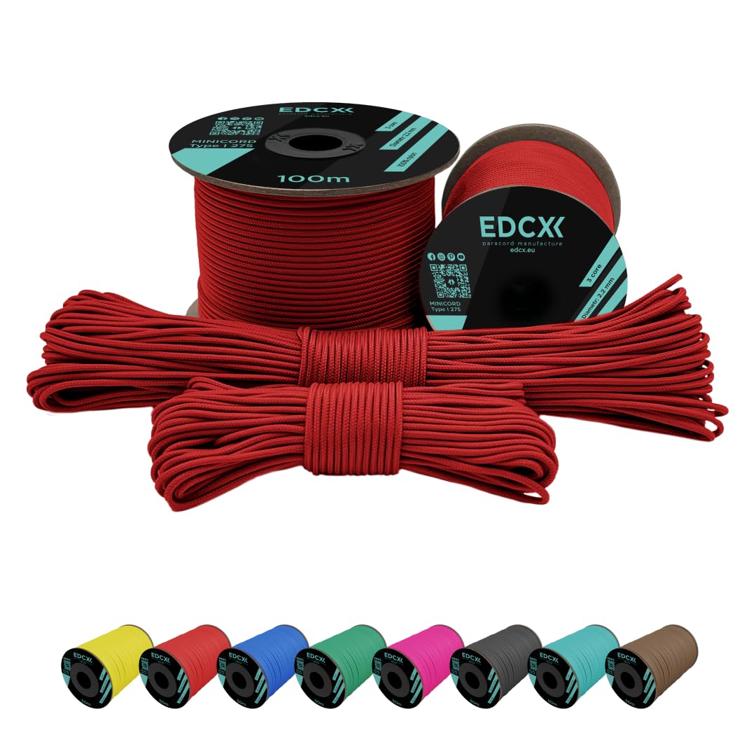 EdcX 2 mm Nylon Paracord 275 (15, 30, 50 and 100 m)- 100% Nylon rope, 3-Strand cord, Nylon cord 2 mm in Many Colours (Light Red, 30 m)