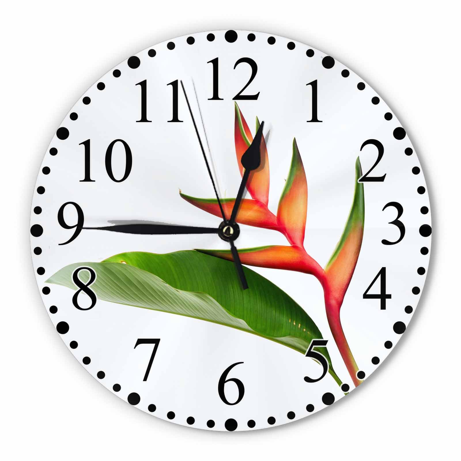 Tropical Flowers Wall Clock 10 Inch Battery Operated Heliconia Bihai(Red Palulu) Flower with Leaf Clock Silent Non-Ticking Modern Clocks Decorative for Home Kitchen Living Room Bathroom Office