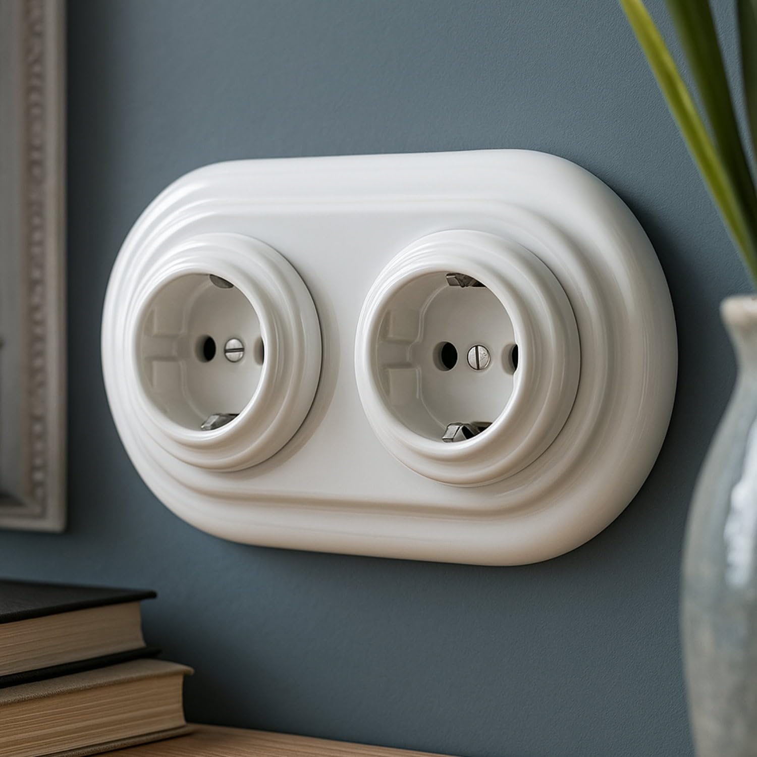 Podtynkowe gniazdko porcelanowe retro 2-drożne, All-in-One, SET seria PR1 białe