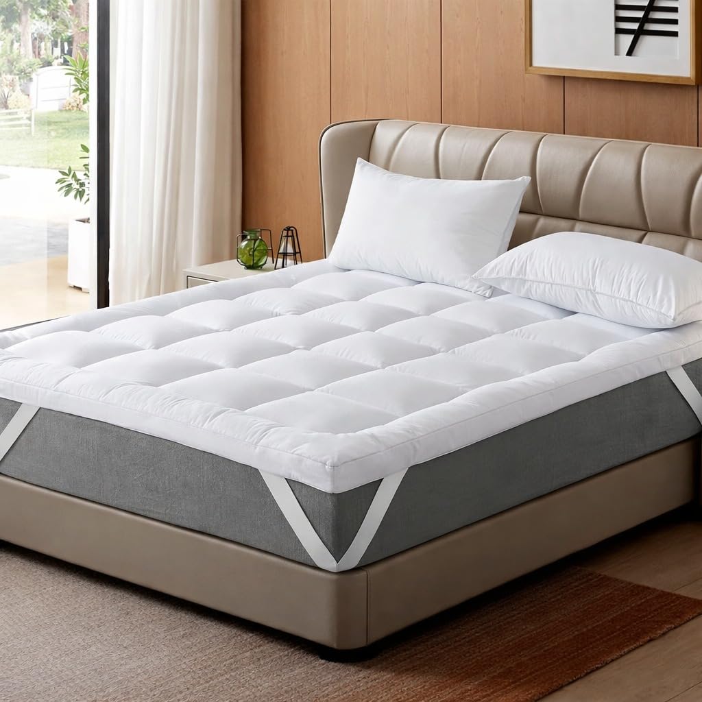 GULMAN Thick Mattress Topper Kingsize Bed 10cm (4 Inch) - 1100GSM Microfibre Filling Hotel Quality Matress Topper with Elastic Corner Straps - White (King 152x200 cm)