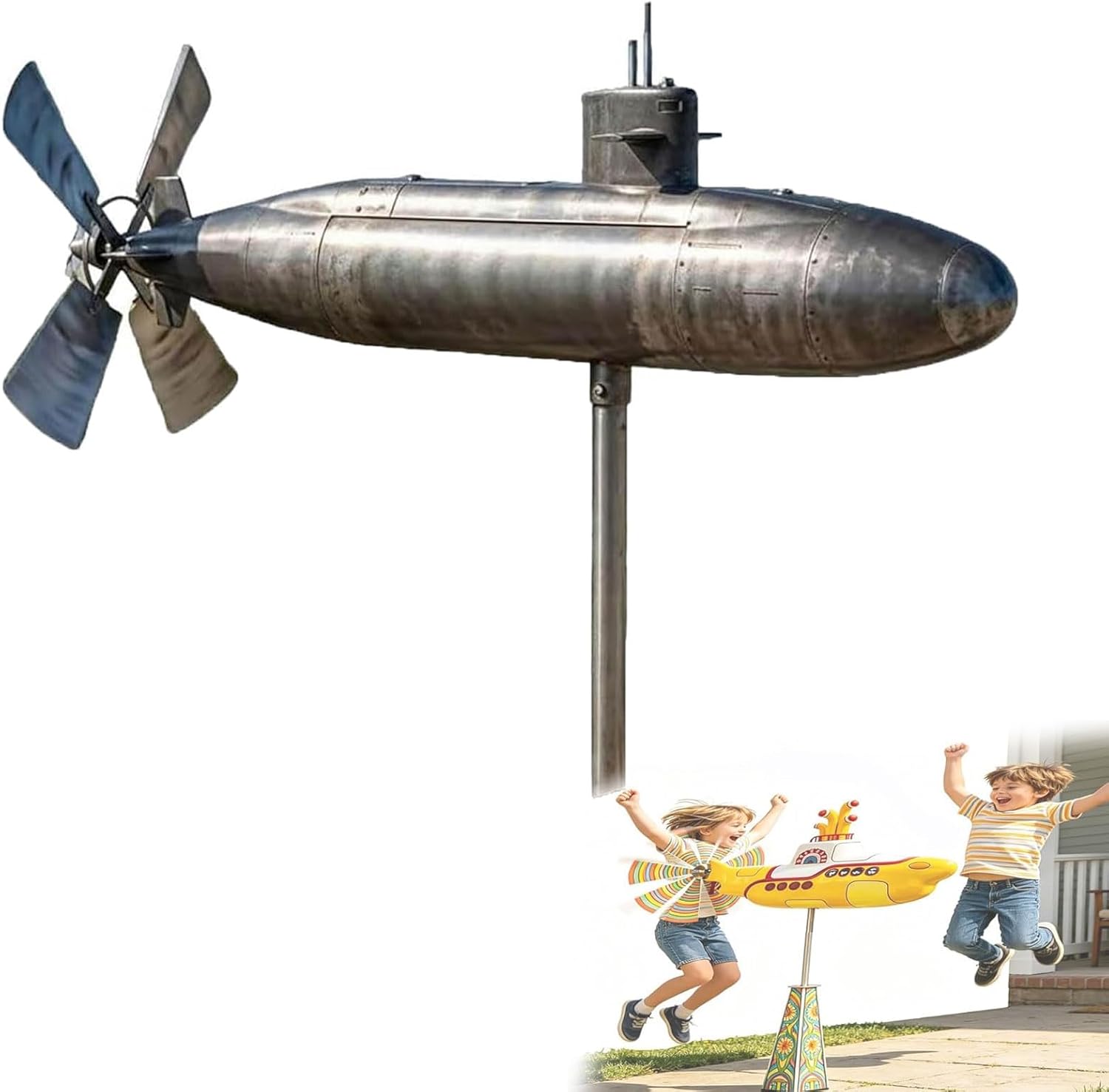 Yellow Submarine Wind Spinner, 2D Heavy Duty Metal Rotating Yard Art, Kinetic Outdoor Garden Decor for Patio, Lawn & Flower Bed, UV-Resistant Non-Fading Submarine Windmill (A)