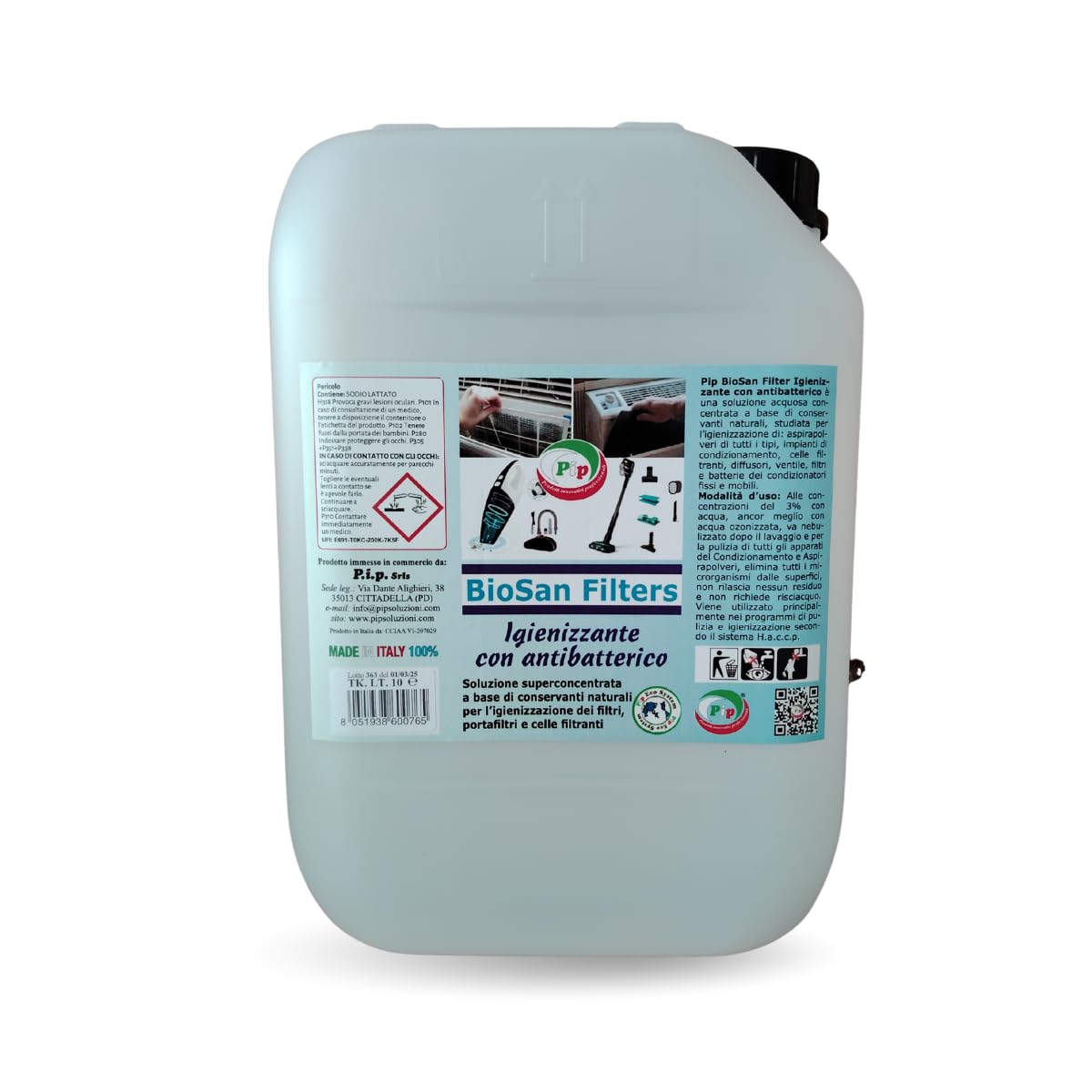 PIP Detergente Concentrato Bio FoodSan Filtri, Concentrato Tanica 10 Litri Pari a 300 Litri Pronto Uso, Pulizia Filtro Climatizzatore Condizionatori Professionale HACCP