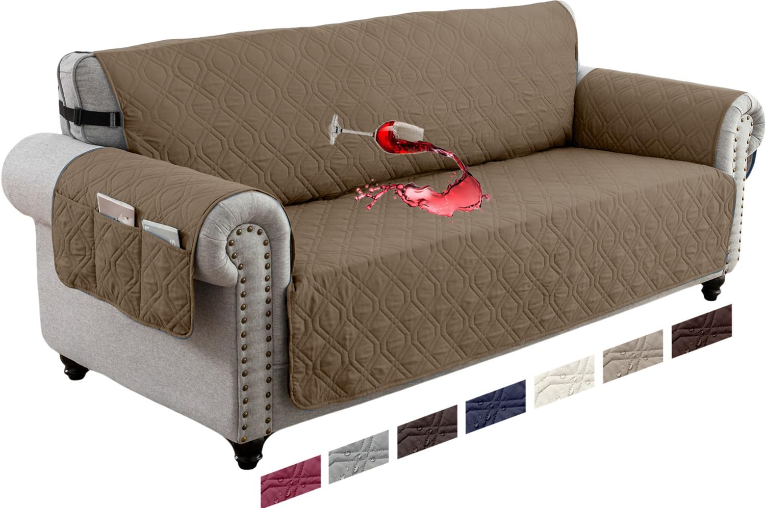 Housse de canapé 3 places imperméable et antidérapante, réversible, lavable - Protection matelassée et élastique - Pour meubles de couleur taupe