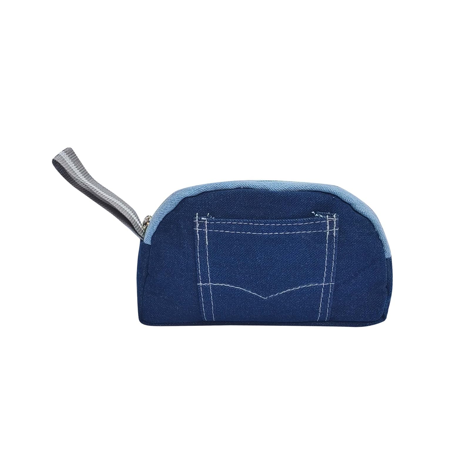 Denim Pencil Classic Pouch, Navy Blue with Pocket Design, Zipper Closure, Grey Handle-image-48
