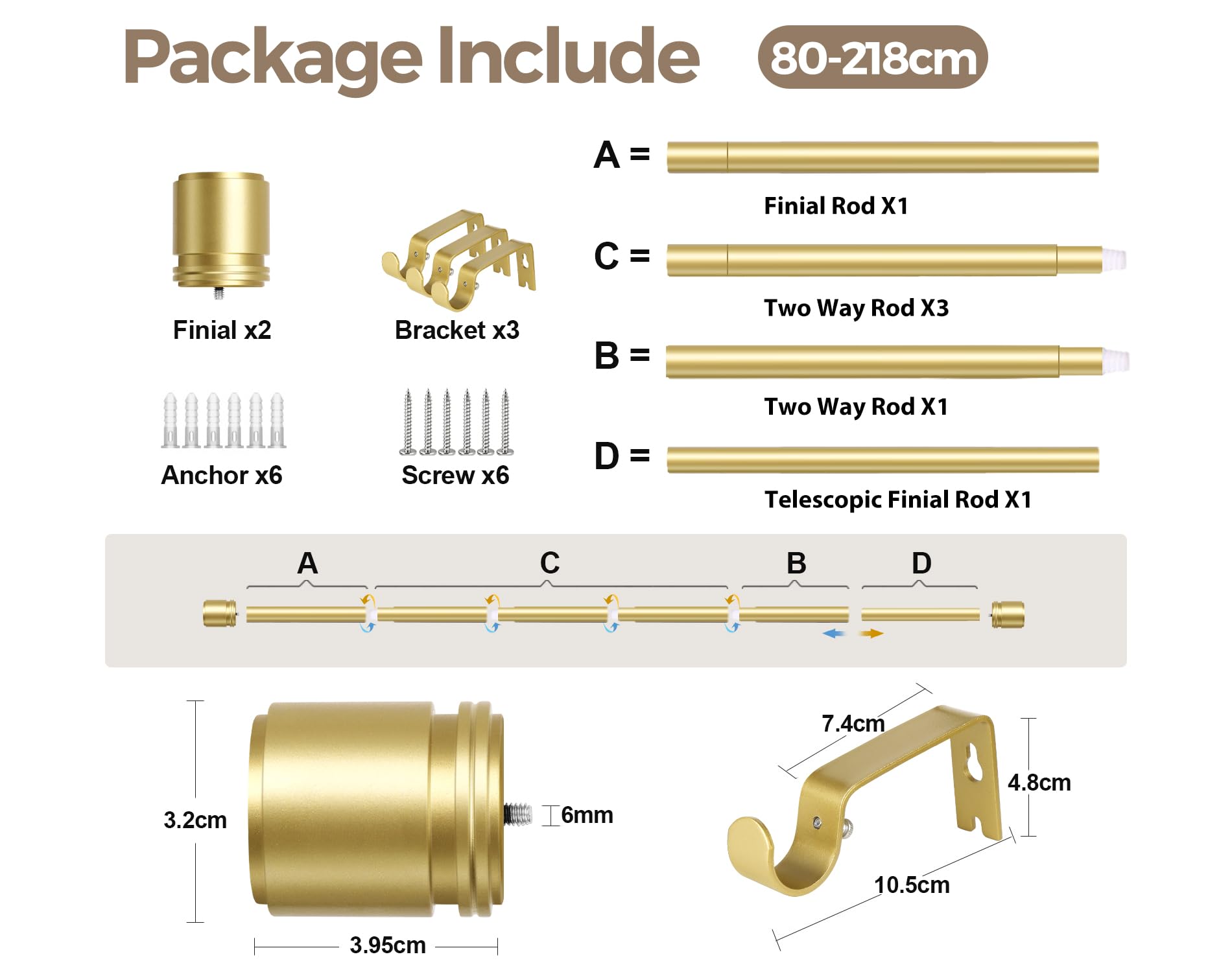 Lot De 2 Tringle Rideau Extensible Dorée 80-218cm, 25 mm Métal Barre Rideau | Métallique robuste, montage mural, charge max 15 kg, supports et accessoires inclus, chambre & salon, facile à poser