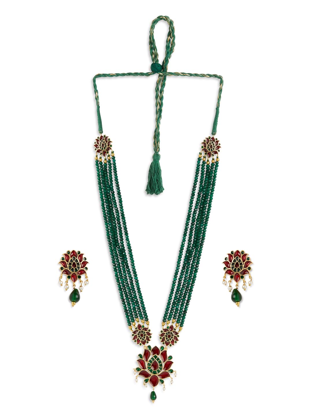 green beaded five lines Beautiful handcrafted menakari lotus necklace set (Green&Red)-image-16