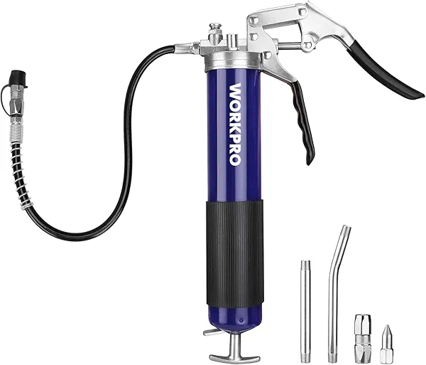 WORKPRO Grease Gun Kit, 6000PSI Heavy Duty Grease Gun with 18 inch Flexible Hose, 2 Fixed Tubes and 3 Nozzles, 14oz Load