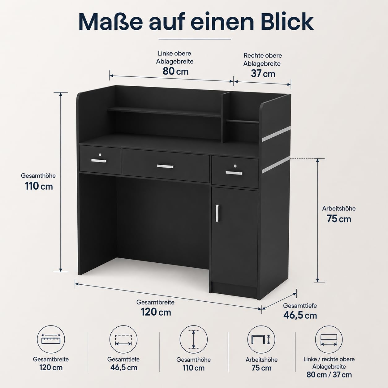 Empfangstresen Schwarz 120cm Kassentresen 3 Schubladen abschließbar Tür Ablagefächer Verkaufstheke Rezeptionstheke 120x110x48cm
