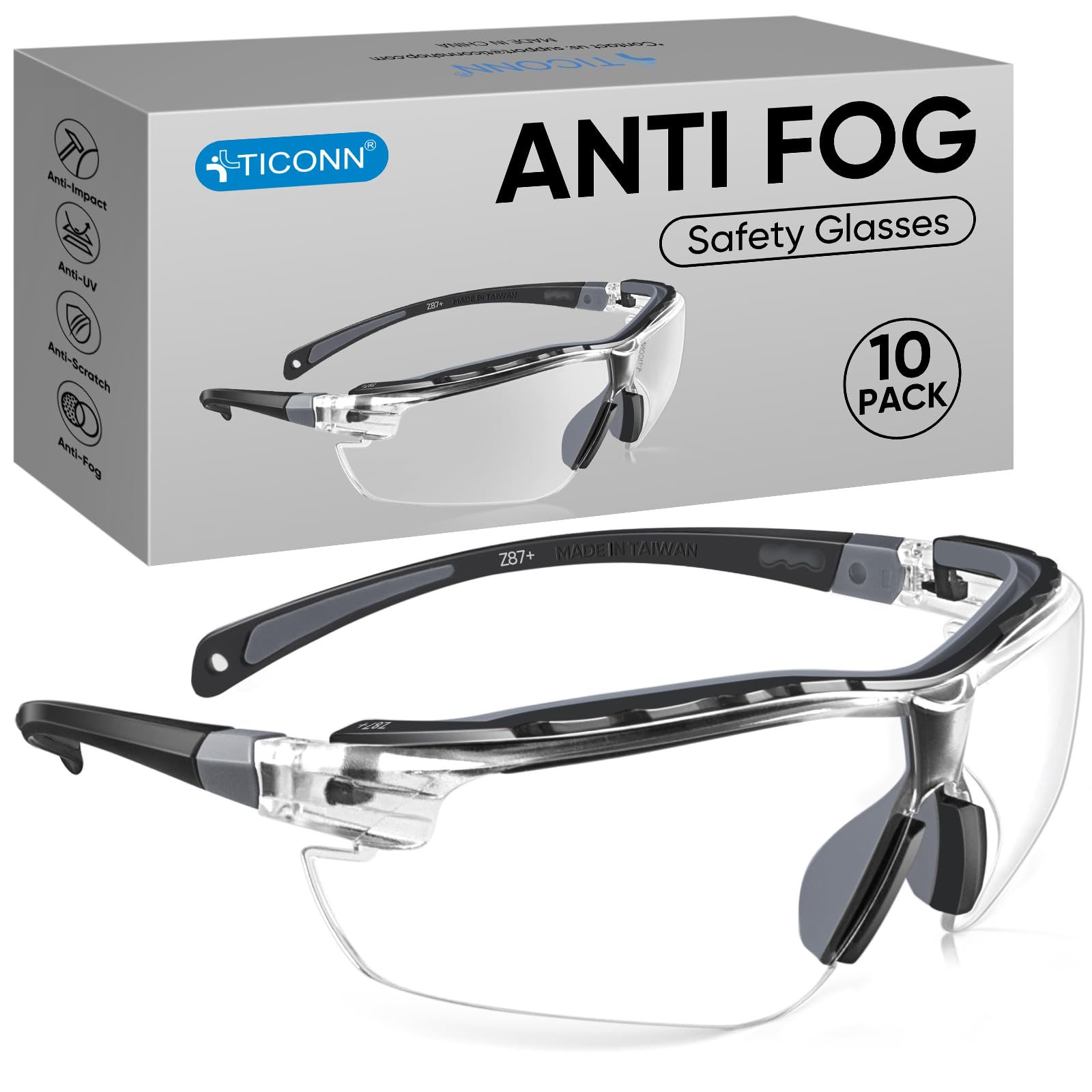TICONN Anti-Fog Safety Glasses for Men and Women, ANSI Z87.1 Scratch Proof Eye Goggles with Adjustable Arms and UV Protection