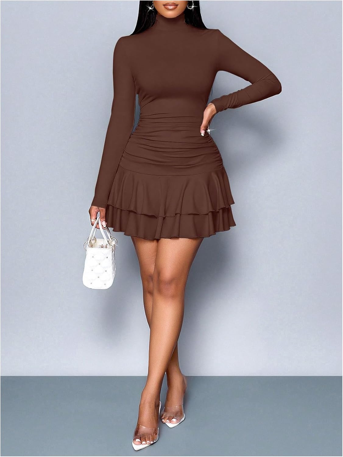 SOLY HUX Women's Ruffle Mini Dress Mock Neck Long Sleeve Ruched Layered Bodycon Cocktail Party Dresses - Image 5