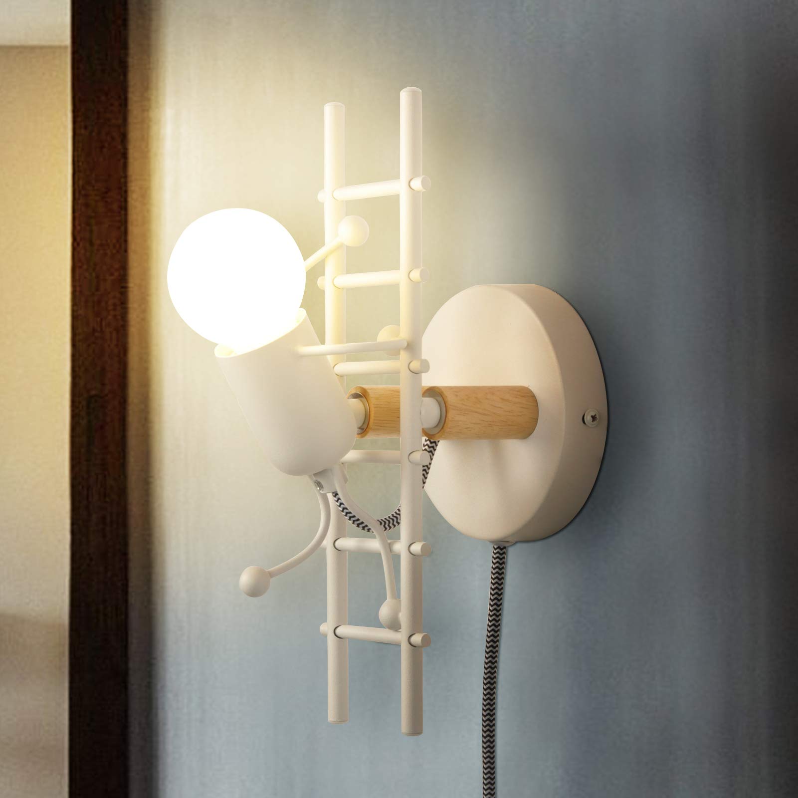 LUSTORM 1 Wall Lamp Sconce Decorative for Living Room Hallway Modern White Wall Lights Fixture Stairs Design with Plug in Cord Metal E27 Holder Base for Bedroom Kids - Image 3