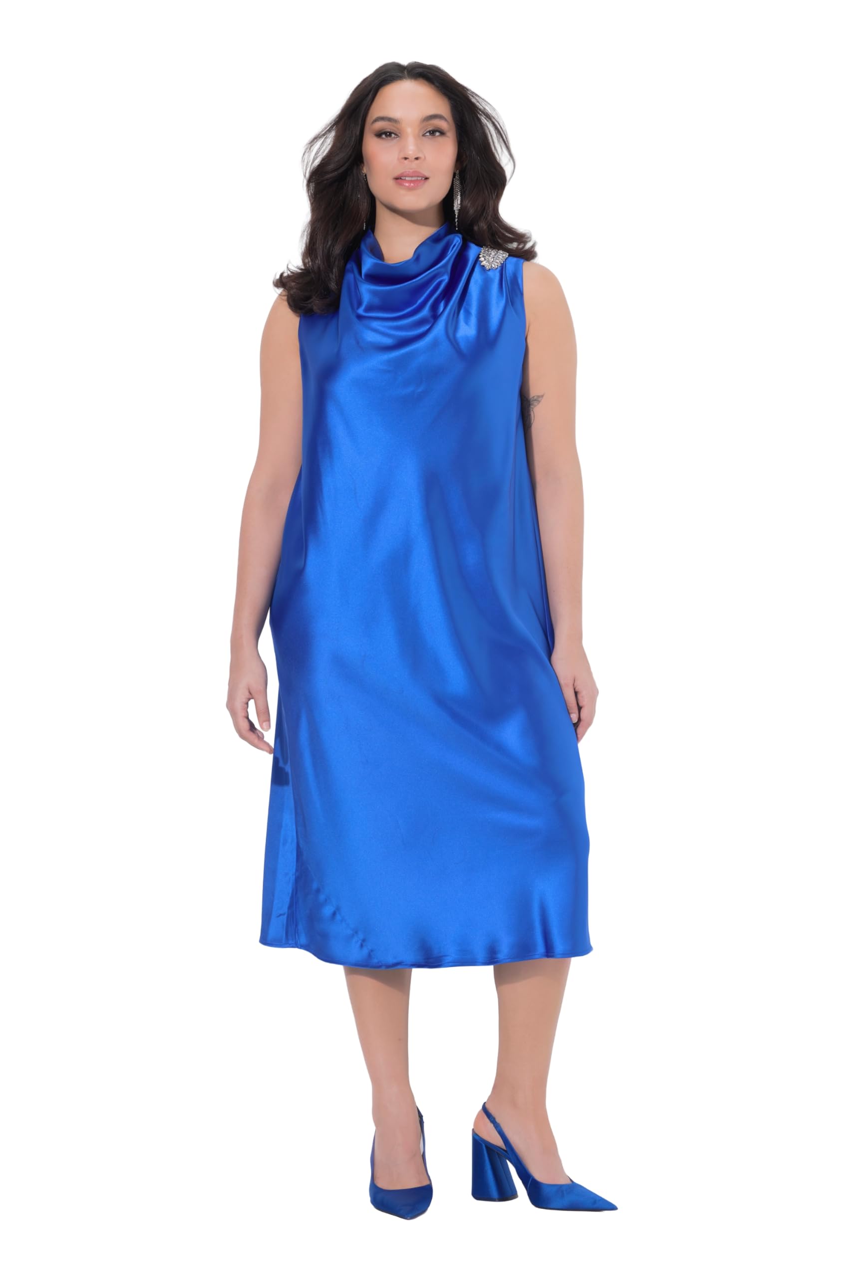 Ulla Popken Damen große Größen Übergrößen Plus Size Satin-Midikleid, Ziersteine, Stehkragen, ärmellos 847862