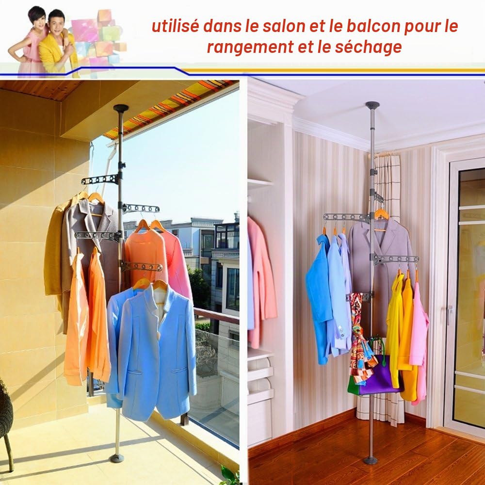 BAOYOUNI Porte-Manteau Téléscopique Séchoir à Linge en Métal et Plastique Étendoir Pliable avec 4 Bras et Crochets, Réglable en Hauteur 175-235 cm ou 230-290 cm, pour Salon, Chambre, Bureau, Gris