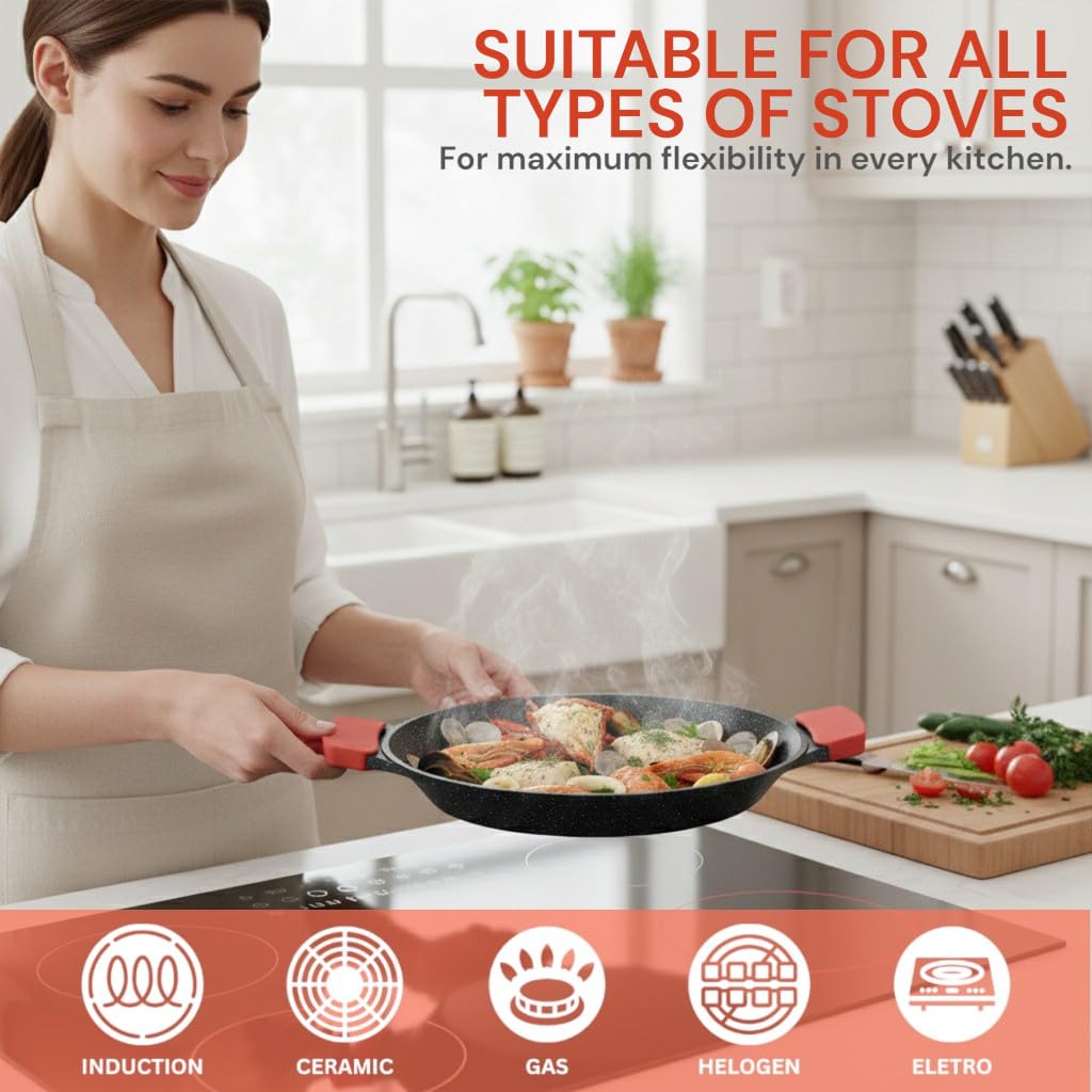 Royal Swiss - Paella antiadherente de mármol, 32 cm, negro con asas rojas