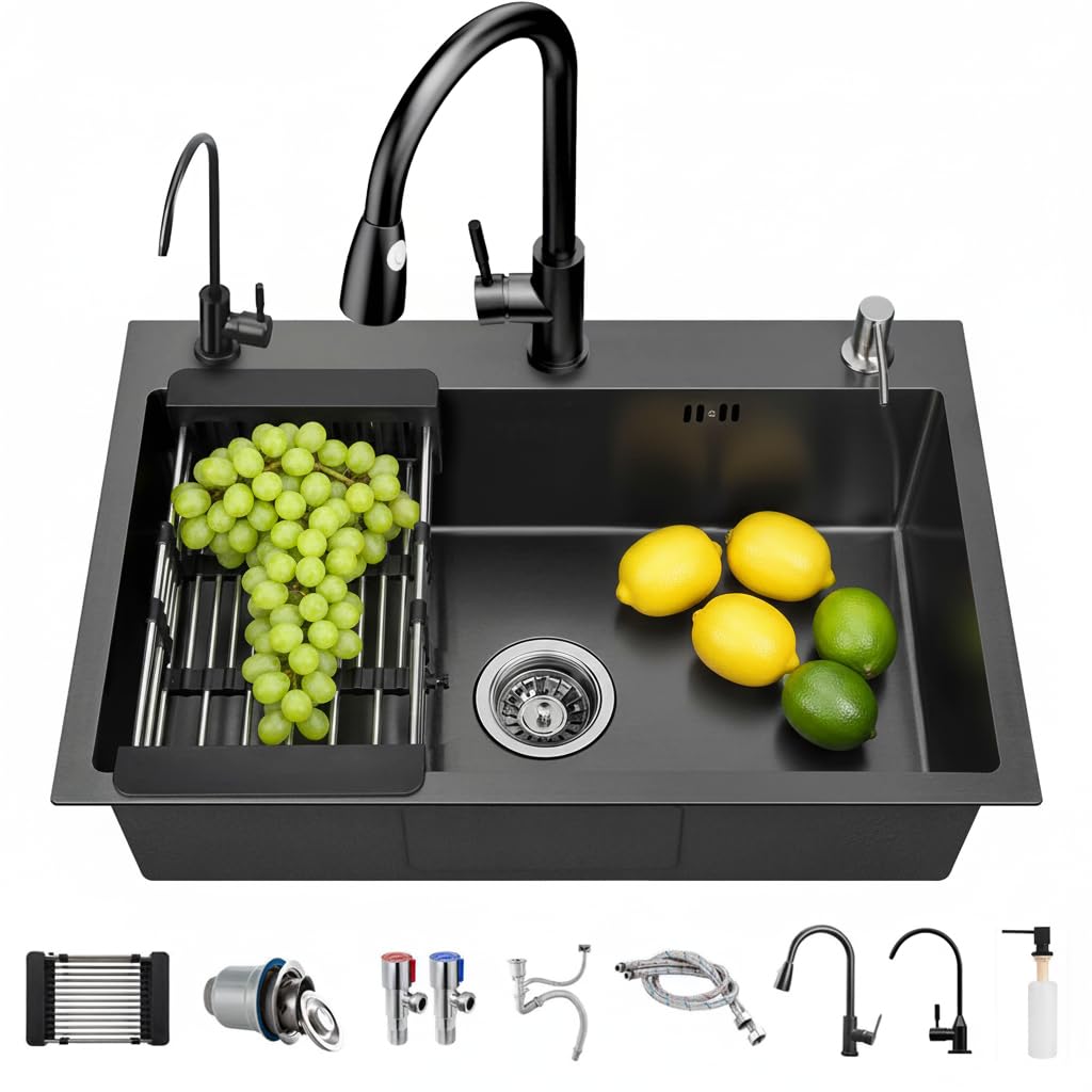Fregadero de cocina Gris oscuro, 304 de acero inoxidable, 80 x 50 cm, para empotrar con grifo, dispensador de jabón, grifo de agua potable (80 x 50 cm)