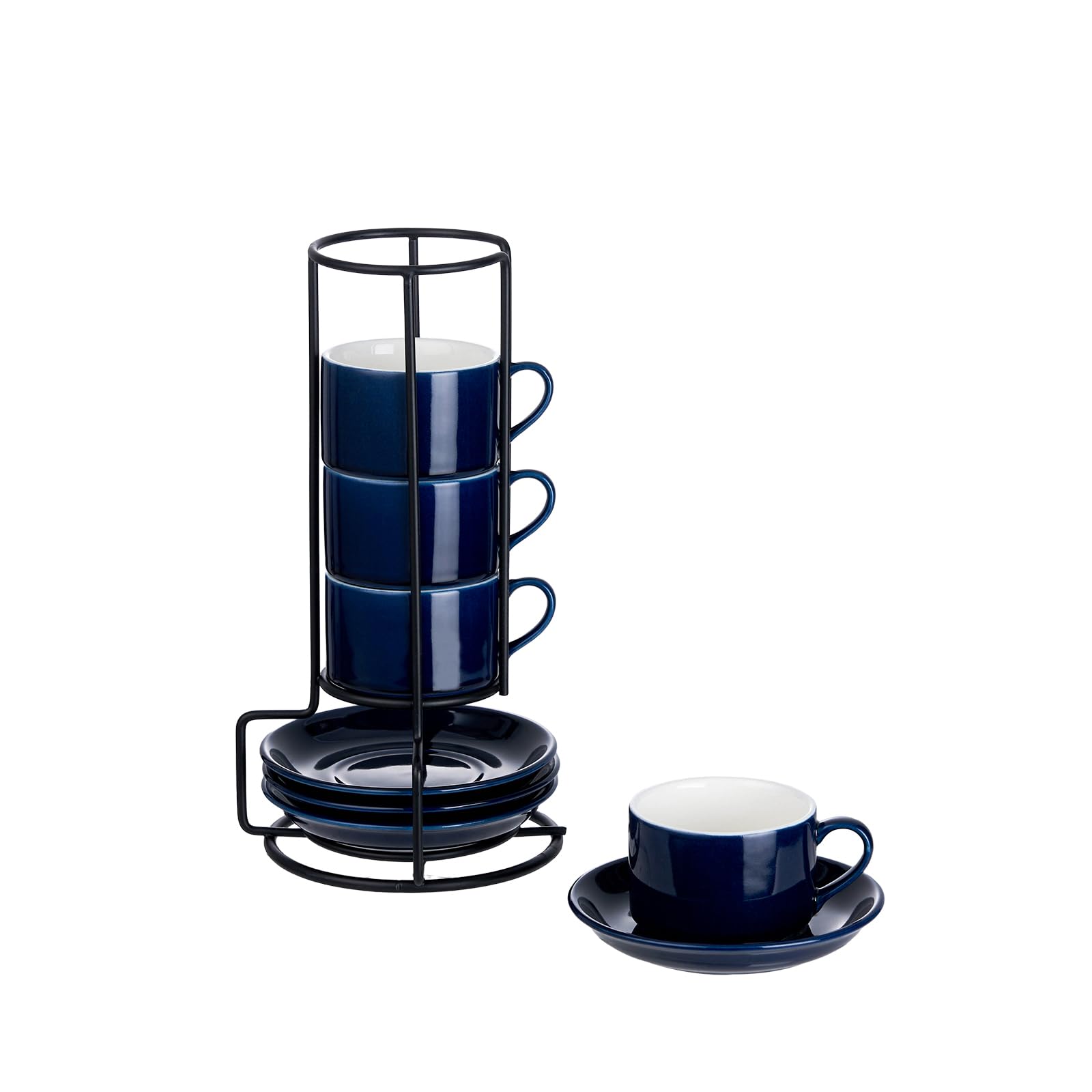 Juego de 4 tazas de espresso apilables de porcelana de 2.5 onzas con platillos y soporte de metal, color azul