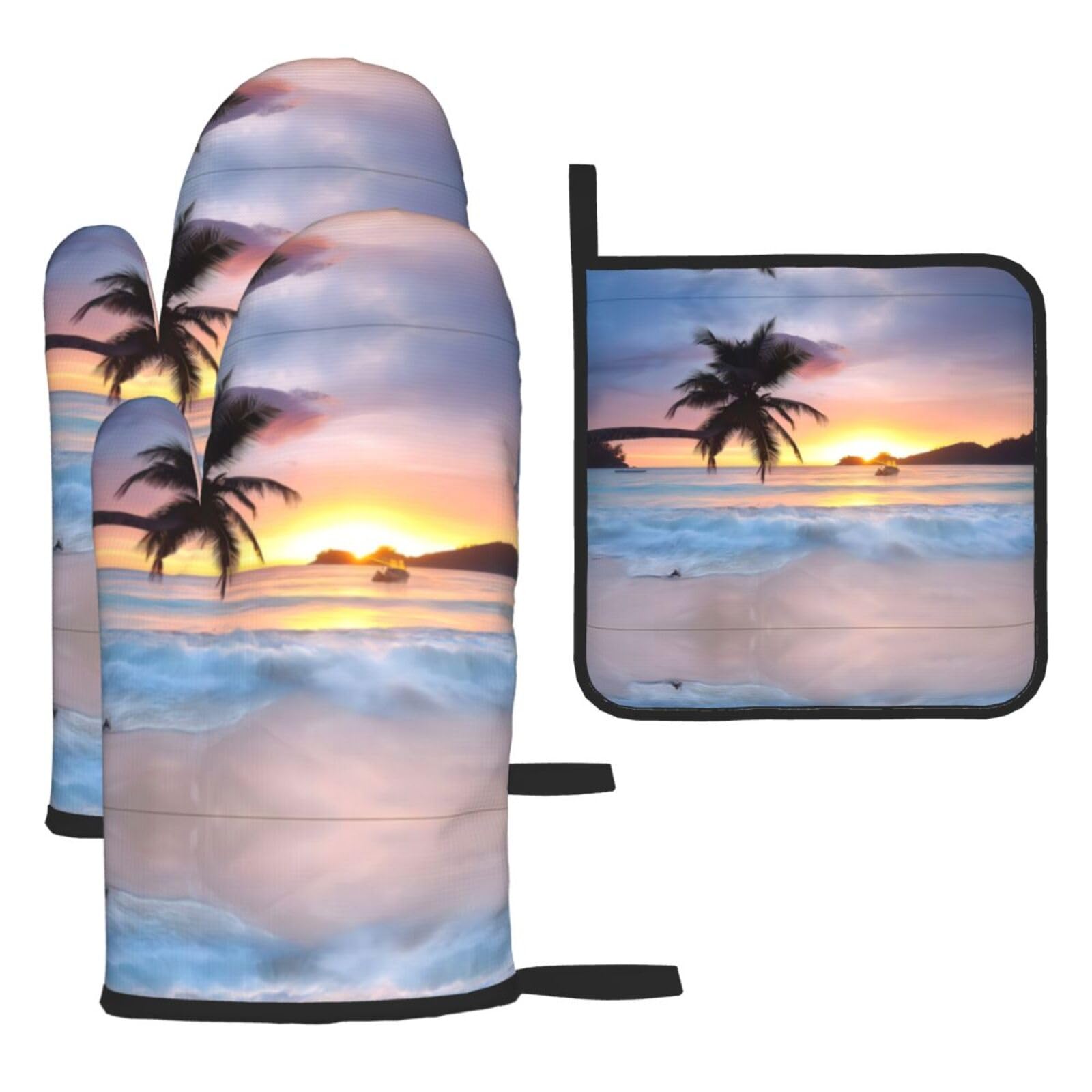 Sunrise Tropical Palm Tree Island Printed Oven Mitt Set 3-Piece | Heat Resistant Gloves & Pot Holder Mat for Cooking, Baking & BBQ