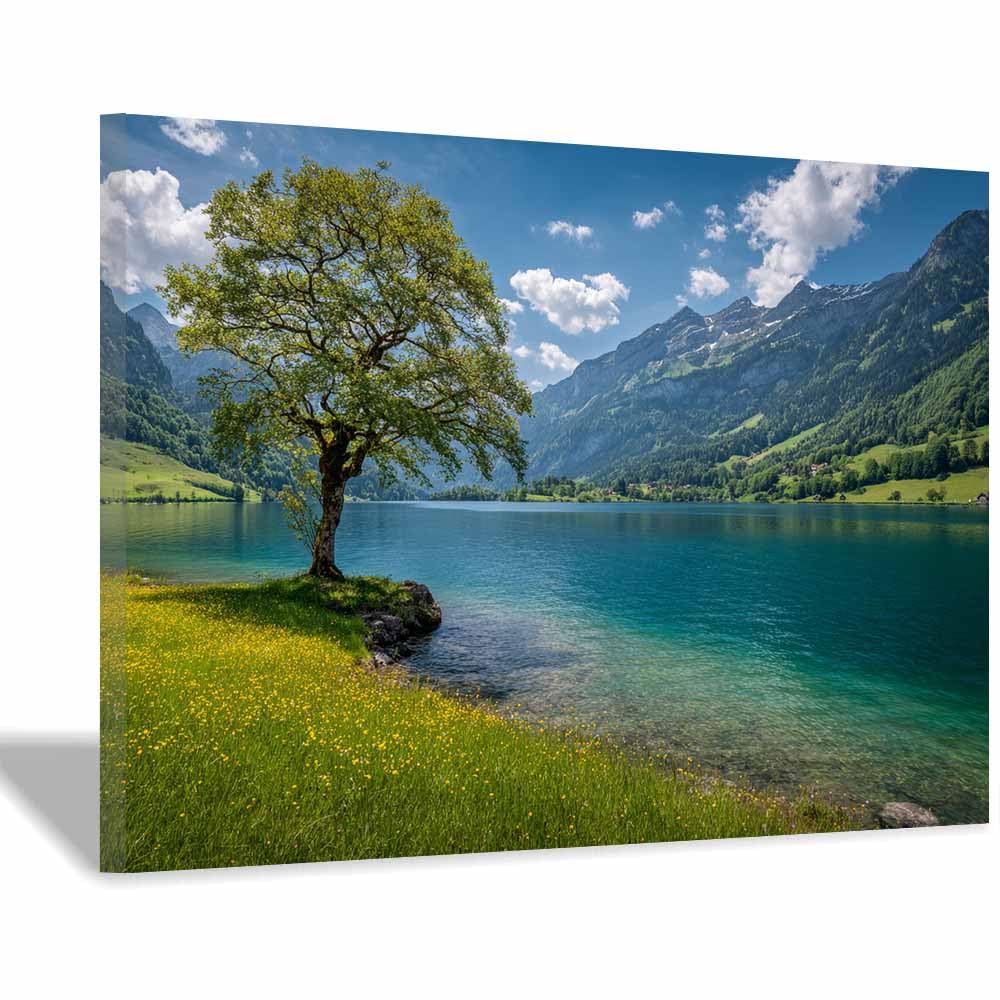 HUYEEI Canvas Print Wall Art Lakeside Trees Modern Nature Landscape Poster, for living room, bedroom,Corridor Office Room Decoretc.(blue)-70x100cm Framed