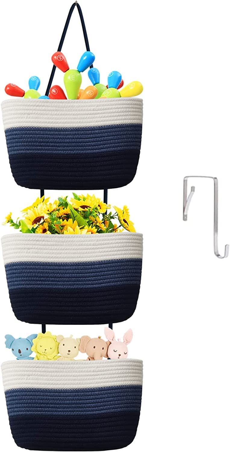 Catract Small Basket Cotton Rope Basket with Cat Ears Little Storage Baskets for Organizing Bins Organizer Wicker Nursery Room for Kids Baby Dog Toy Drawer Gifts 9.5"X8.5"X4" (Mix-Blue)