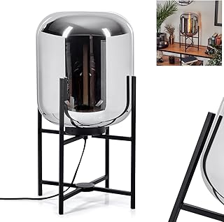 HOFSTEIN Lampe de Table Manzano Lampe de Table en Métal/Verre Noir/Chrome Rétro Lampe de Chevet Vintage avec Abat-jour en Verre (Ø 25cm) avec Interrupteur Marche / Arrêt sur le câble, 1 x E27, Sans