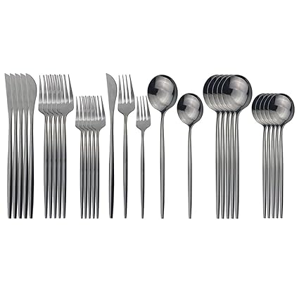 Gugrida Black Dinnerware Set, 30-Piece 304 Stainless Steel Flatware Set Cutlery Set Service For 6, Mirror Finish, Dishwasher Safe, Nice Gift Box