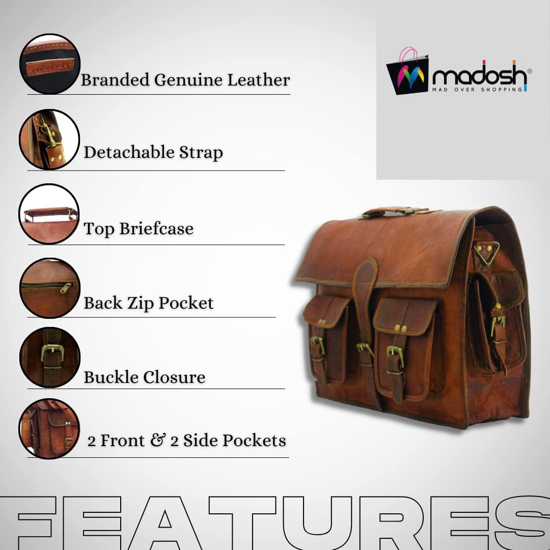 Madosh, Vintage Genuine Leather Laptop Briefcase Top Selling Brown Office Messenger Bag