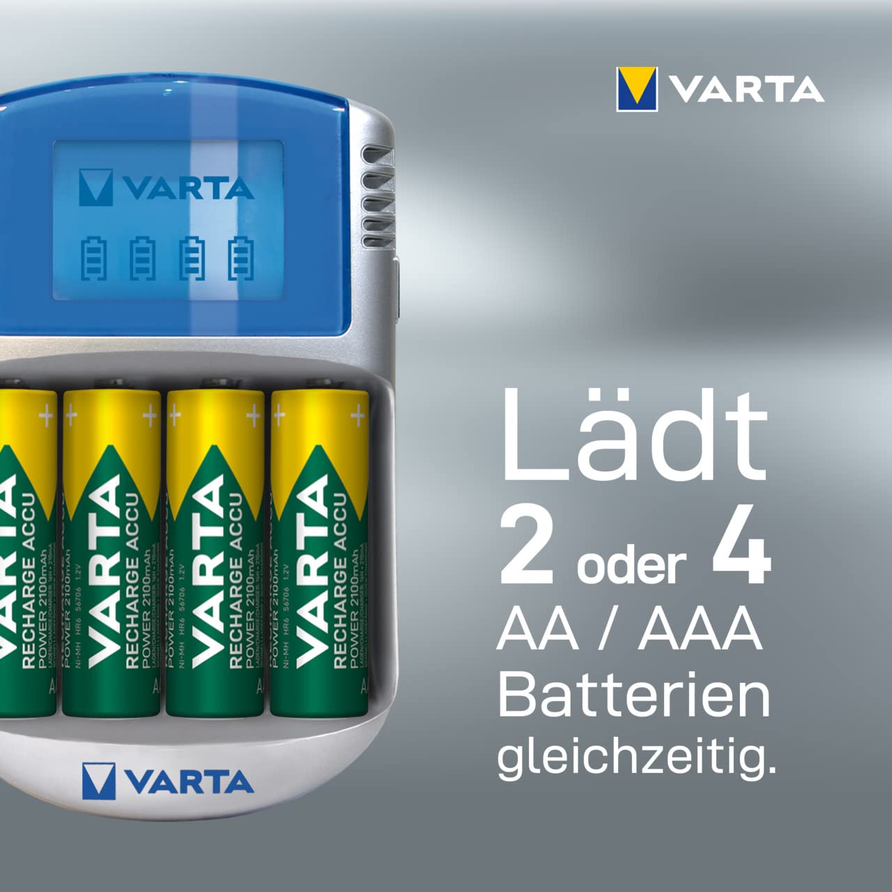 VARTA Akku Ladegerät, inkl. 4X AA 2600mAh, Batterieladegerät für wiederaufladbare AA/AAA, LCD Charger, mit USB Kabel & 12V Adapter