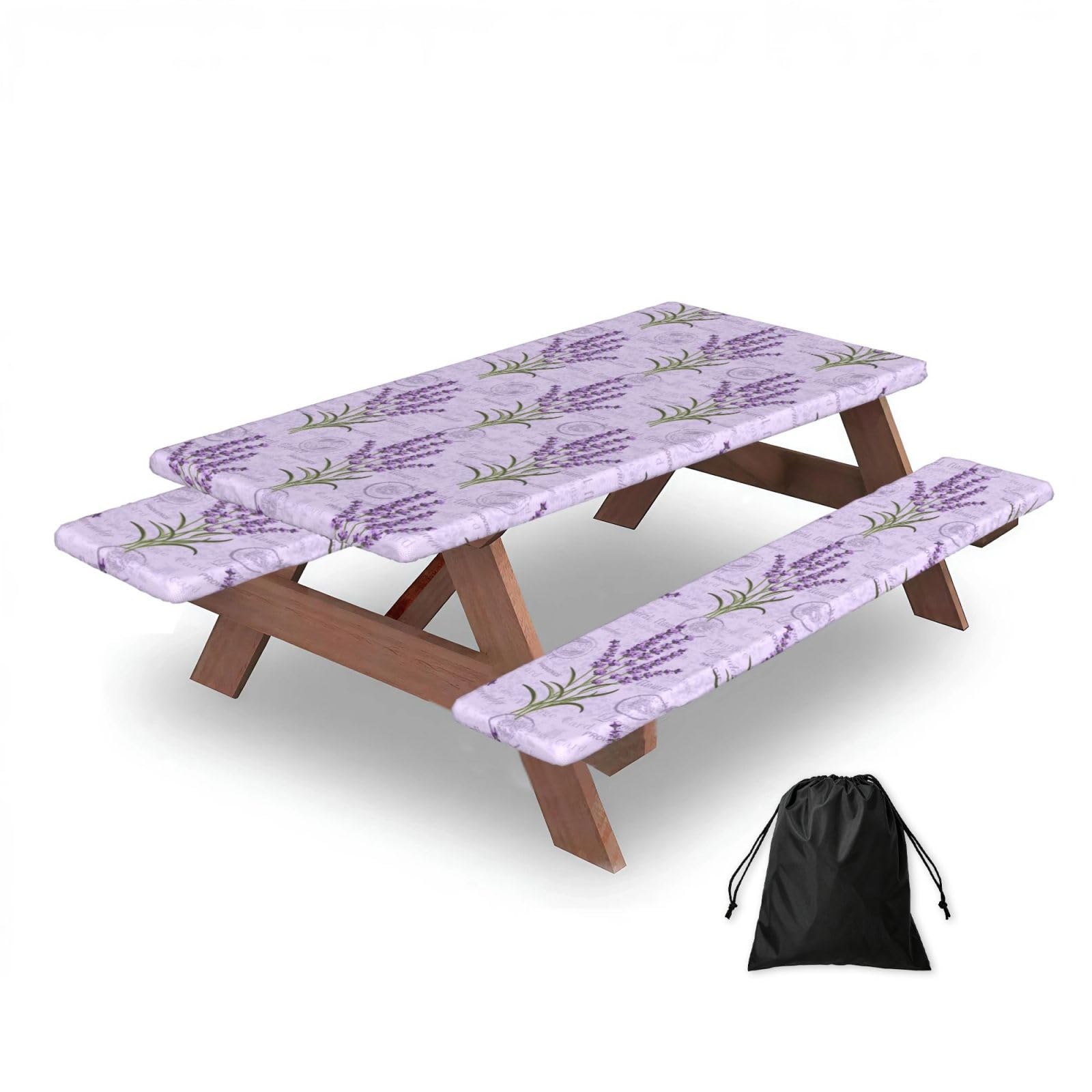 Lavender Stamp, Picnic Table Cover With Bench Covers -Waterproof Elastic Fitted Tablecloth for Garden Camping Patio 76x152cm