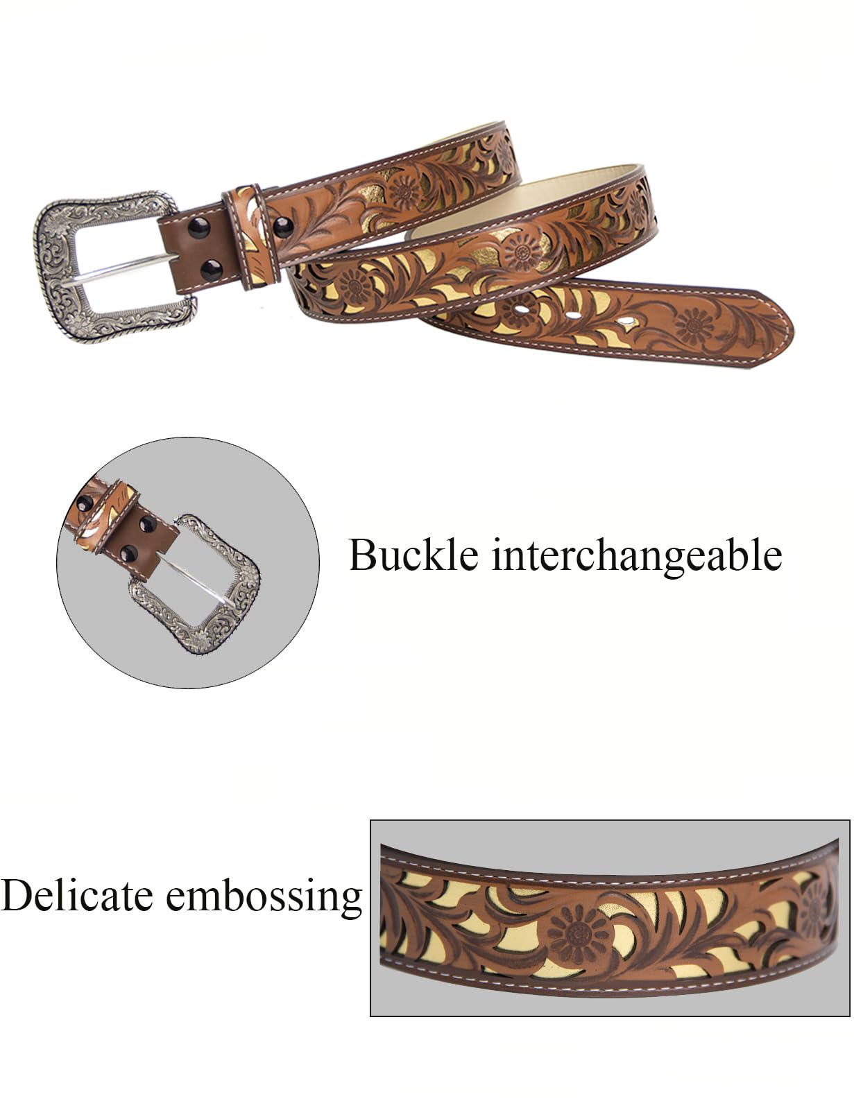 TOPACC Western Belts for Woman Men Cowboy Belt Cowgirl Bohemian Floral Tooled Belt for Jeans Pants Country Concert Outfit