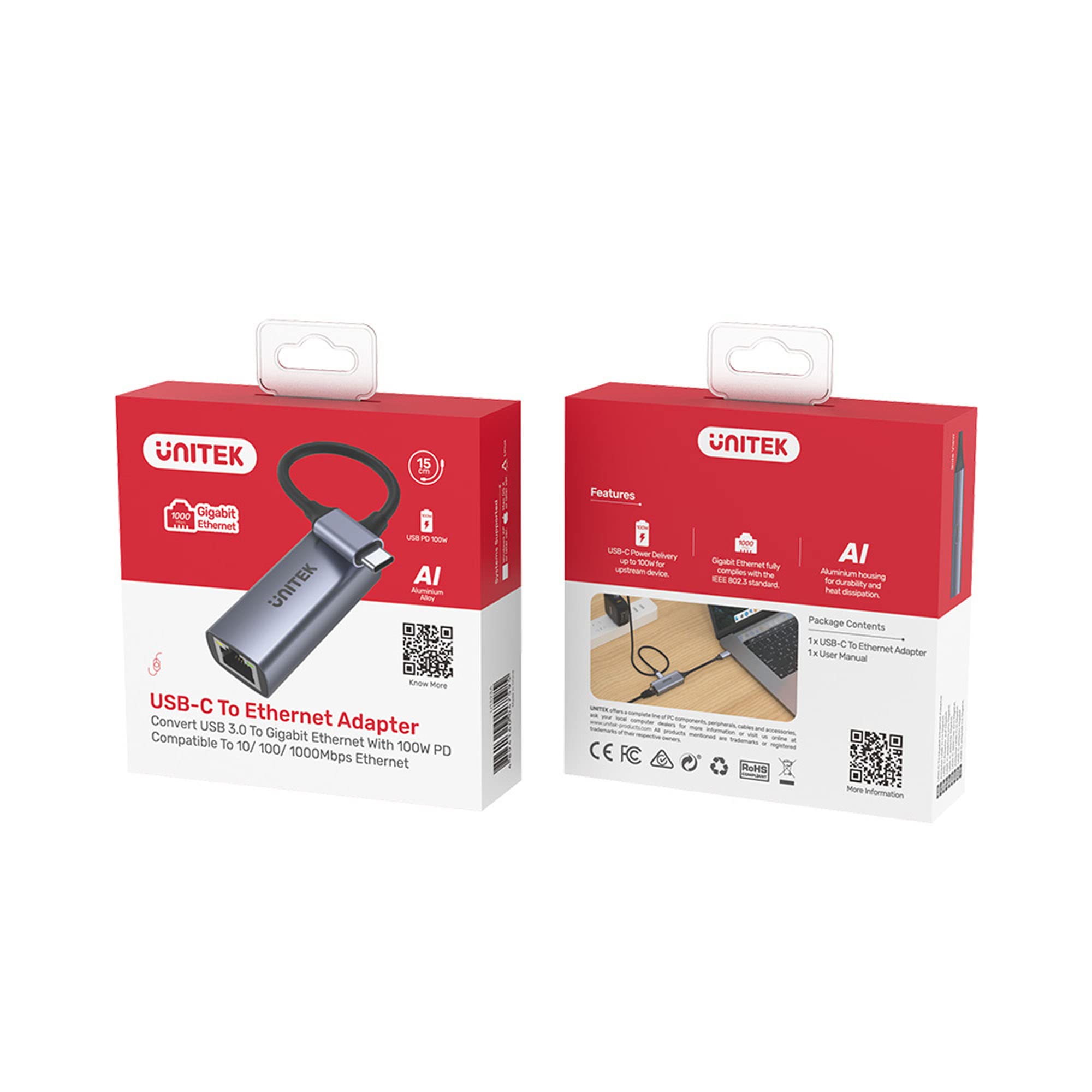 Adaptateur USB-C vers Gigabit Ethernet avec 100 W Power Delivery/SuperSpeed USB 3.1 Gen 1 / Taille compacte/Chipset RTL8153 / Boîtier en Alliage d'aluminium/Couleur : Gris sidéral