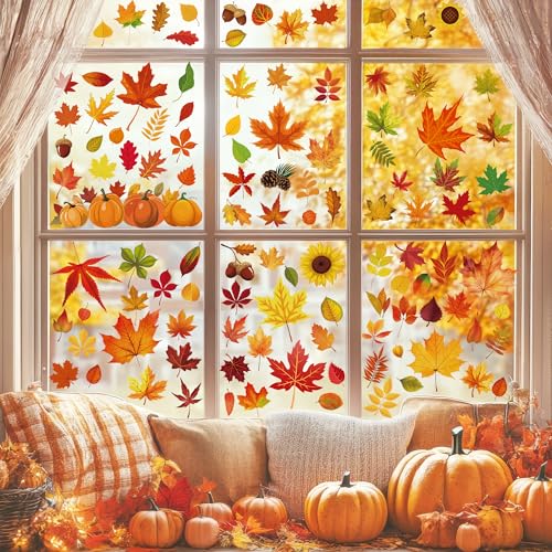 Image of 9 Sheets Fall Decorations, 274 PCS Fall Window Clings, Double Sided Autumn Stickers with Maple Leaves Pumpkin Nuts, Autumn Window Clings for Party Thanksgiving Decor Indoor Outdoor Accessories