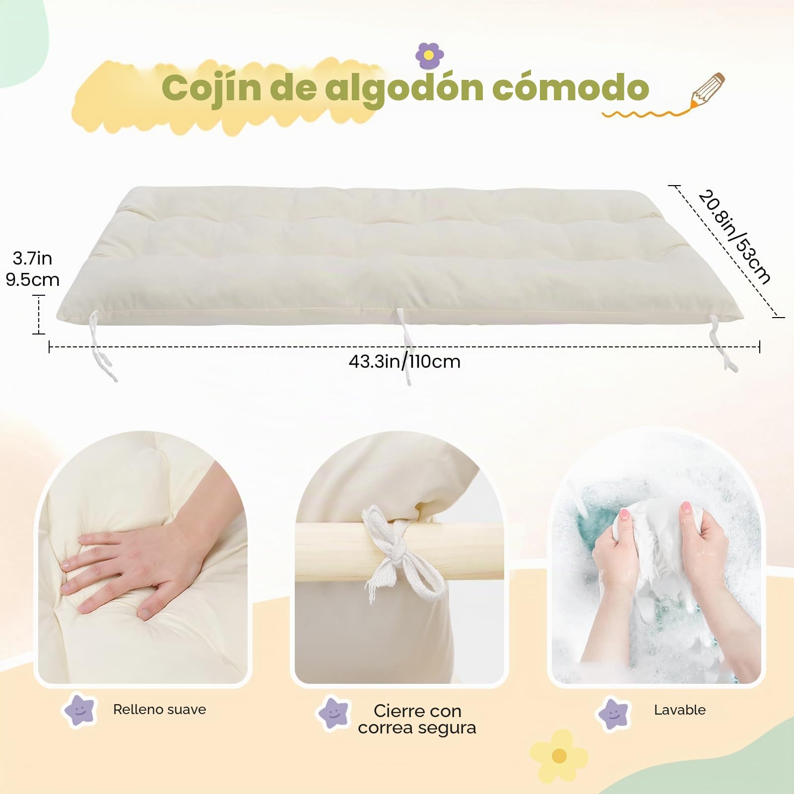 2 en 1 Arco de escalada con reposabrazos, Escalada niños de madera con cojín, madera natural, alfombrilla para los pies antideslizante, refuerzos de soportes, Arco Montessori para bebe 1-6 años