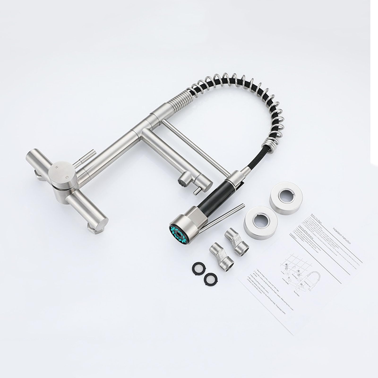 Grifo Cocina Extraible Muelle Grifo Fregadero de Pared Monomando de 15 cm de Acero Inoxidable,Cepillado