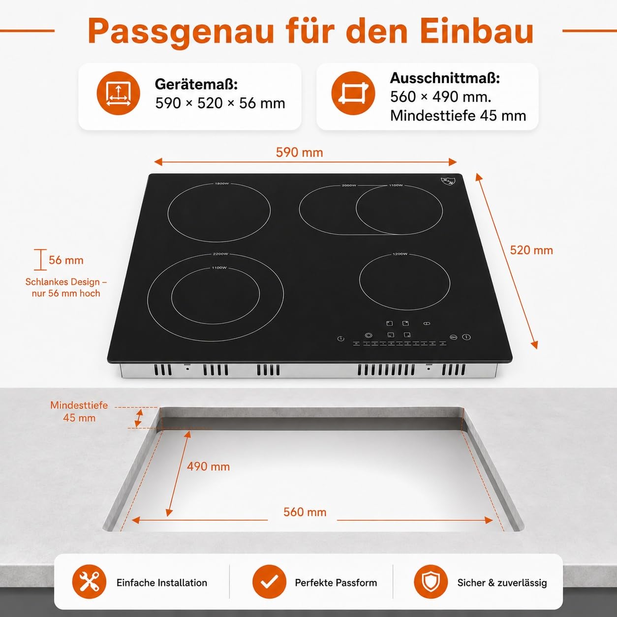 K&H Glaskeramikkochfeld NC-7206 60 cm 7200 Watt 4 Zonen 9 Leistungsstufen Starkstrom-Anschluss