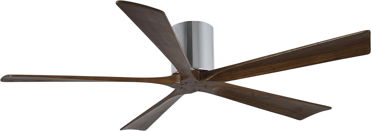 Matthews IR5H-CR-WA-60 Irene Damp Rated 60" Flush Mount Ceiling Fan with Remote & Wall Control, Silent DC Motor, 5 Walnut Tone Solid Wood Blades, Polished Chrome