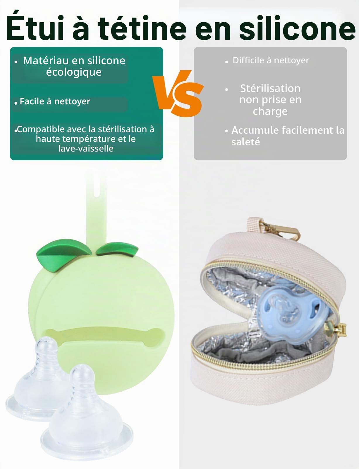 KUBYA Grand sac à langer bébé, sac fourre-tout bandoulière, avec étui tétine silicone