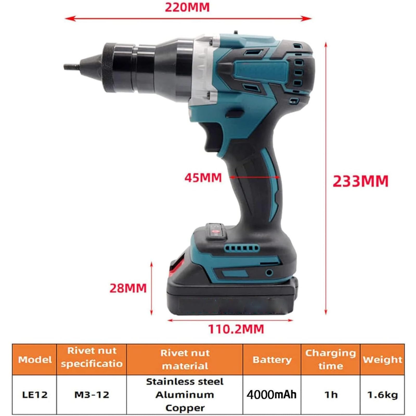 Pistola Remachadora eléctrica,Pistola Remachadora inalámbrica,Remachadora automática Herramientas de remachado para Tuercas M3 M4 M5 M6 M8 M10 M12 (2200mah)