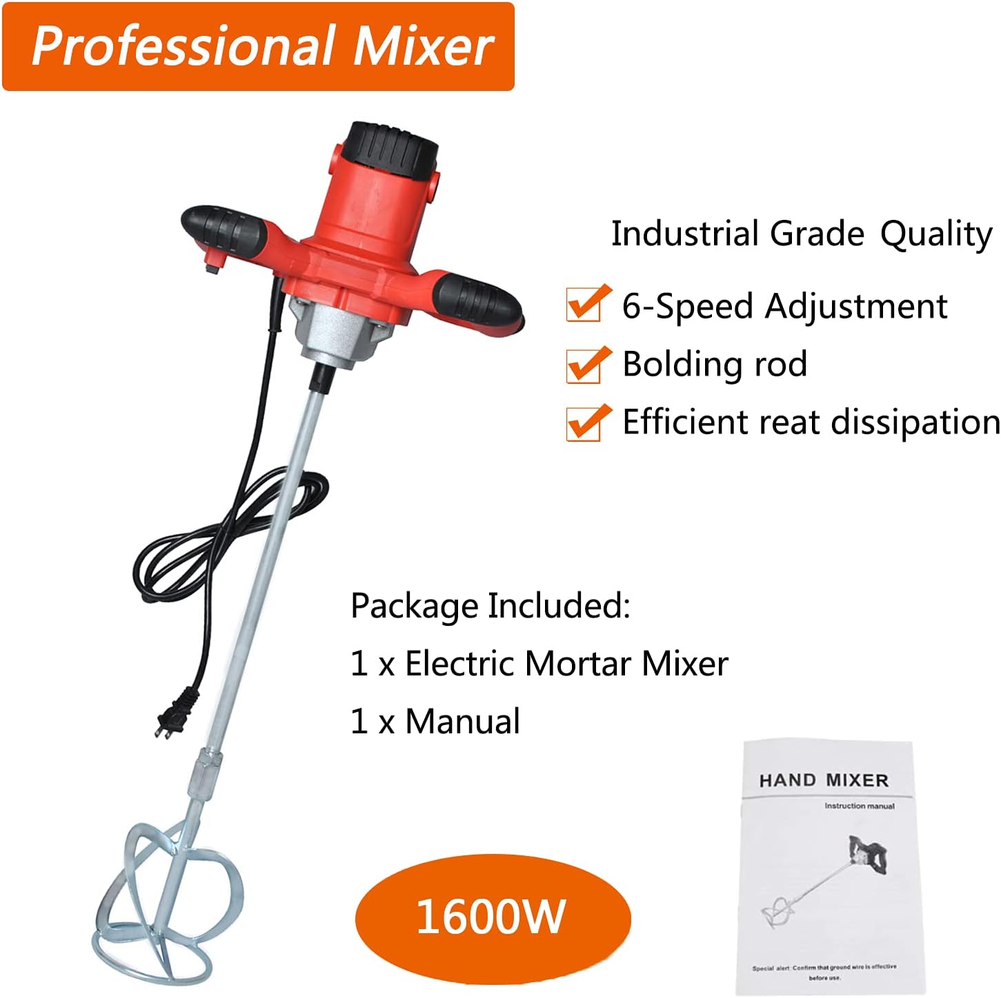 Electric Cement Mixer, 110V 1600W Adjustable 6 Speed Concrete Mortar Mixer, Handheld Plaster Grout Paint Thinset Mortar Paddle Drill Mixer Stirring Tool : Tools & Home Improvement