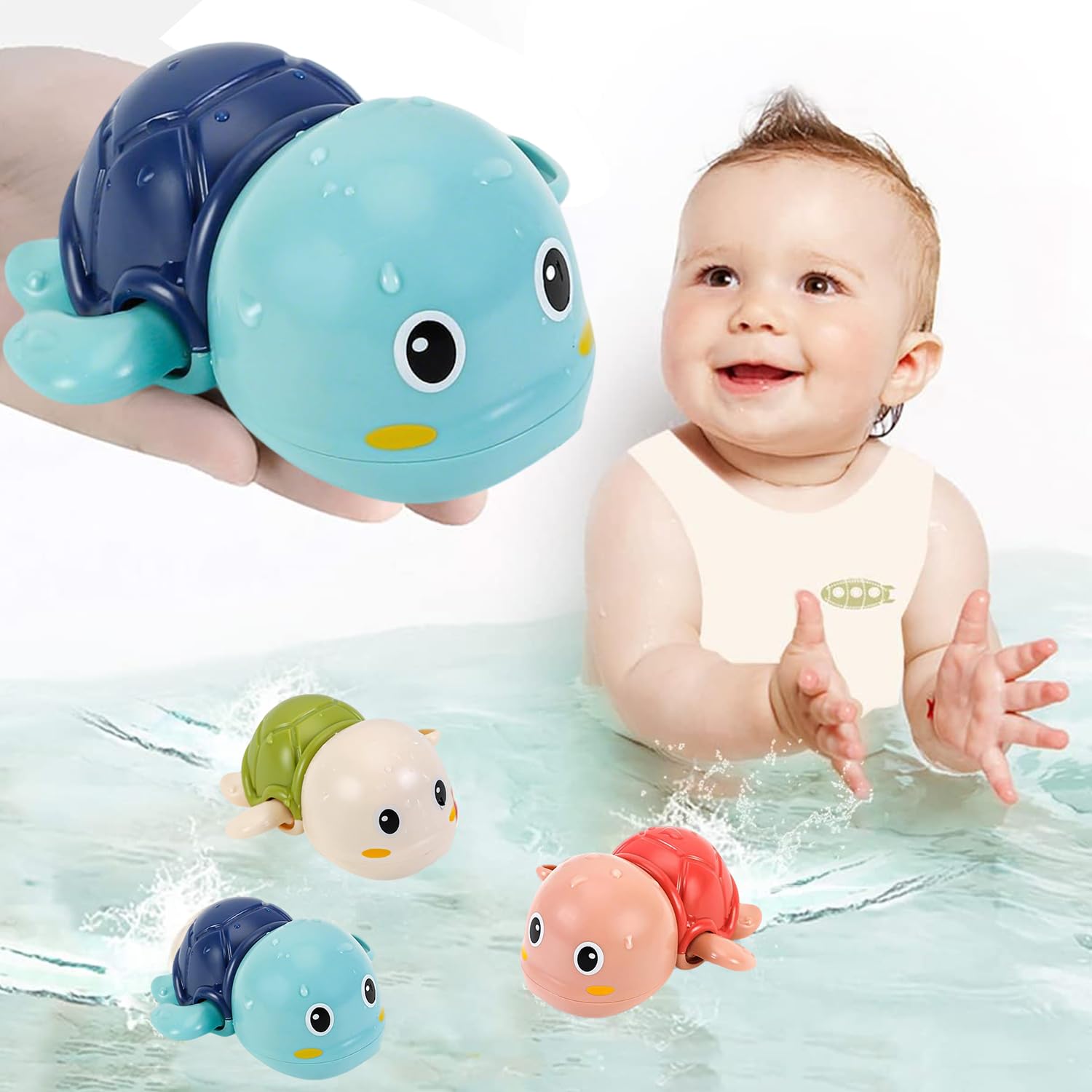 3 Pcs Wind Up Swimming Turtle Baby Bath Toys, Cute Interactive Montessori Water Play Set, Floating Bathtub Pool Toy Gifts for Baby Boys Girls Toddlers