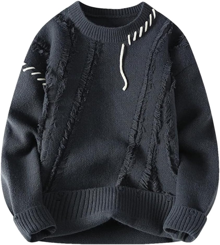 Men's Round Neck Color Blocked Tassel Patchwork Knitted Sweater Solid Color Casual Loose Pullover Sweater