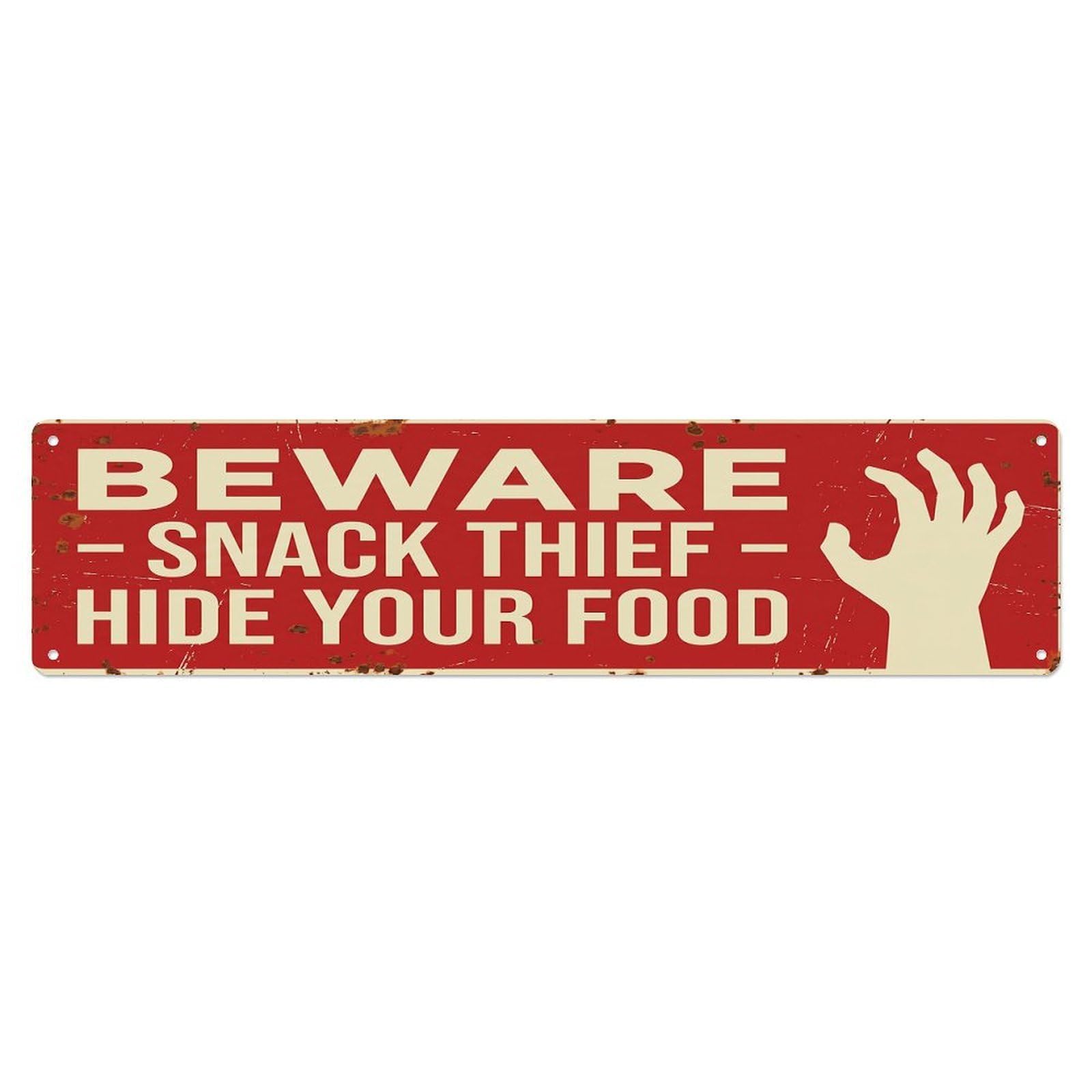 Olhnbad 4X16inch(10X40cm) Vintage Funny Beware Snack Thief Warning Metal Tin Sign