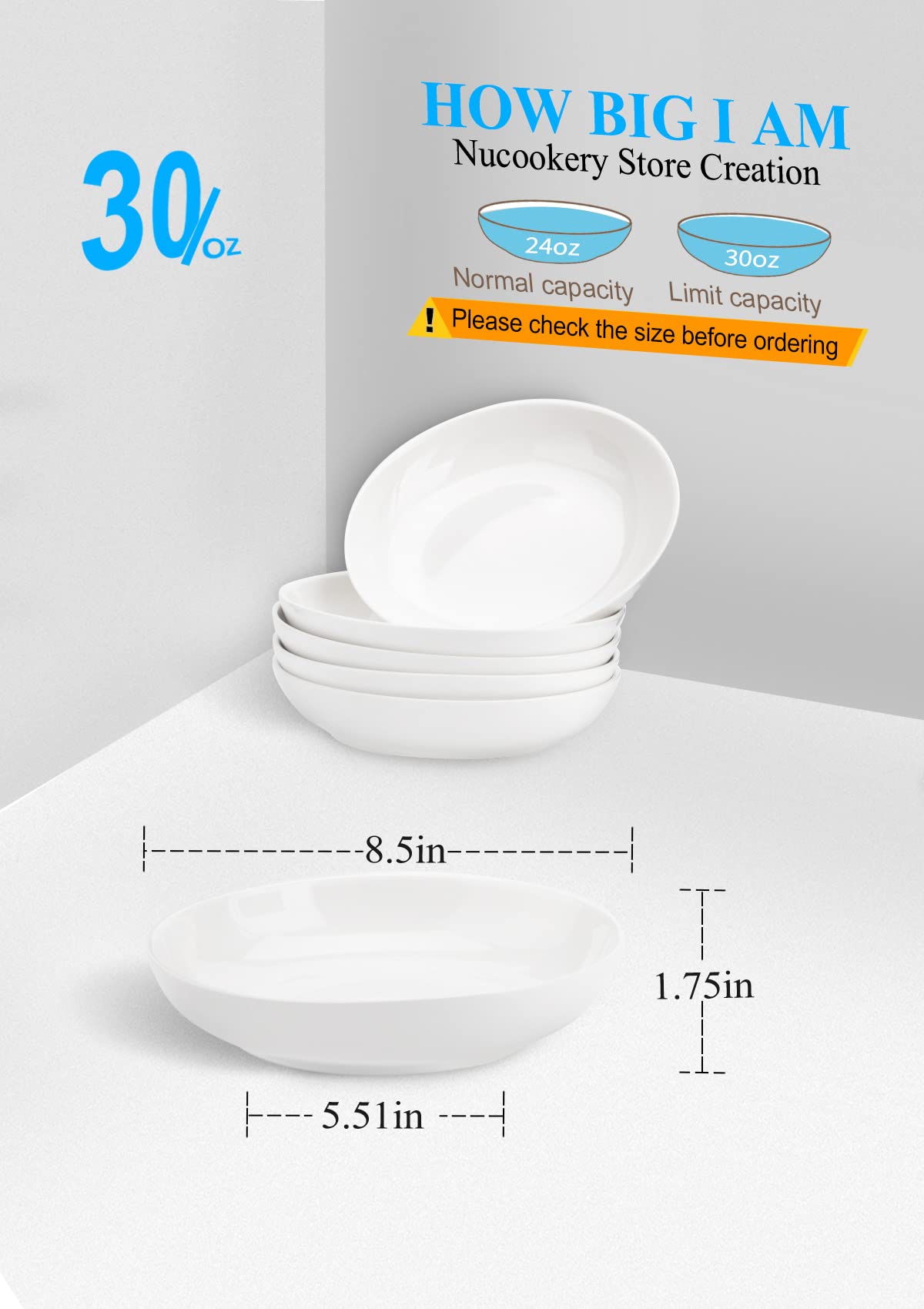 Nucookery Cuencos de porcelana para pasta de 30 onzas, cuencos blancos para sopa, cuencos grandes para servir ensaladas, fáciles de limpiar y aptos para lavavajillas, juego de 6