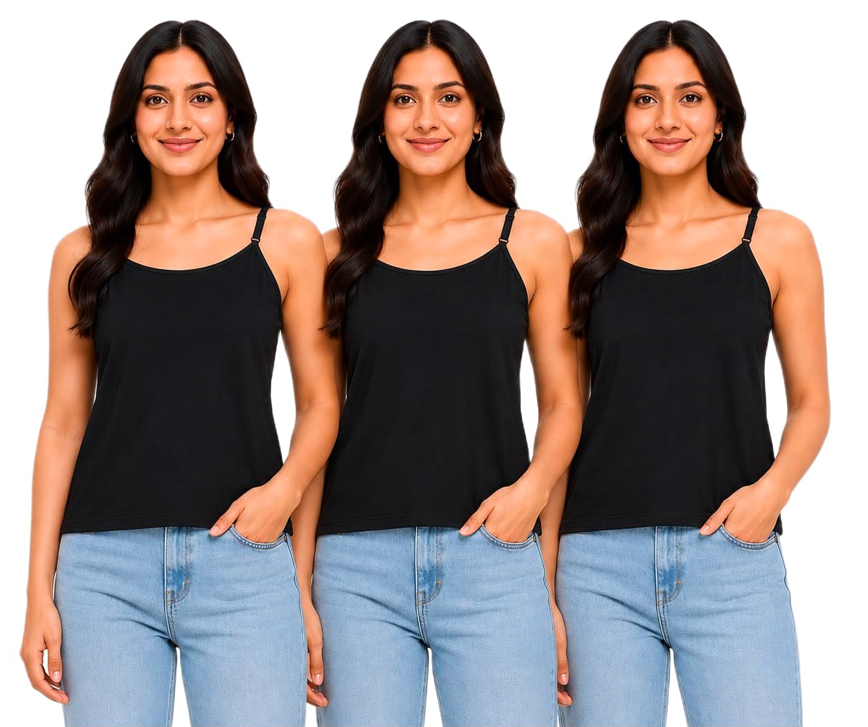 alfa, Women Cotton Camisole Pack of 3 | Sleeveless Solid Inner Slip | Soft Stretchable Layering Tank Top for Tops, Dresses & Tunics | Comfortable Regular Fit Cotton Innerwear Vest for Women - Black-picture-49