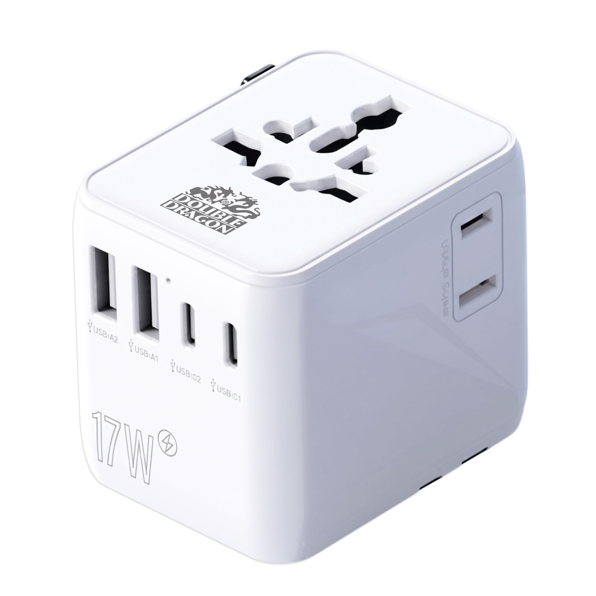 Double Dragon Universal Travel Adapter, Worldwide Plug Adapter for 190+ Countries with UK, EU, US & AUS Type G/C/A/I Plugs, 2 AC Outlets, 2 USB-C & 2 USB-A Ports, 17W USB Charger, 2500W Fuse Protected