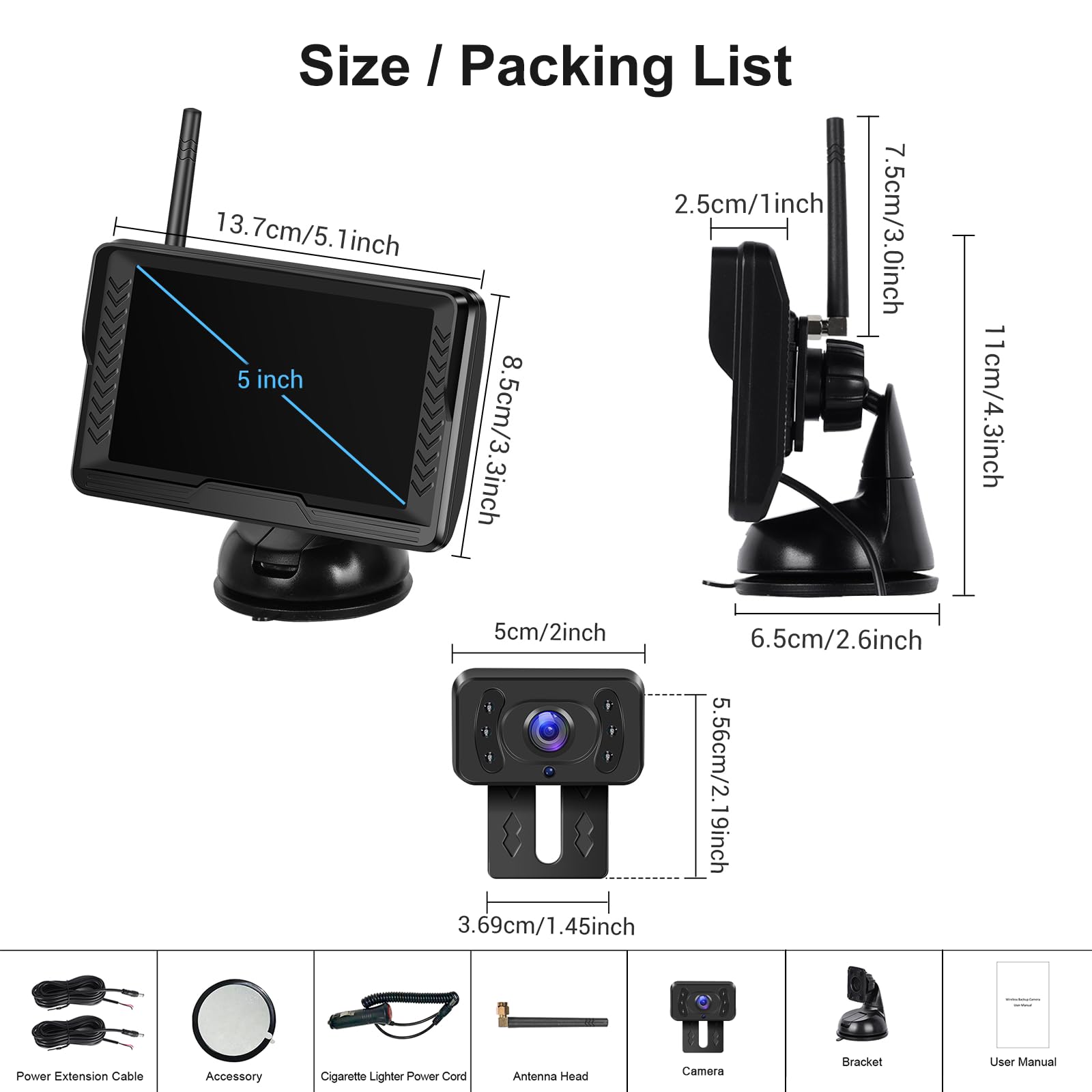 Hodozzy Cámara Marcha Atrás Digital Inalámbrica con Monitor IPS de 5 Pulgadas y Cámara AHD, Cámara Visión Trasera Inalámbrica de Visión Nocturna Impermeable IP69 Cámara Trasera 12V para Coche